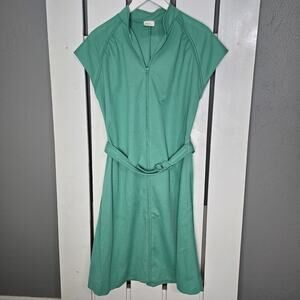 Beeline Fashions Vintage Green Full Zip Cap‎ Sleeve Belted Dress Medium TradWife